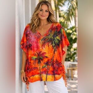 Leoma Lovegrove Palm Tree Art Top XXXL Rhinestone Embellished Tropical Sunset